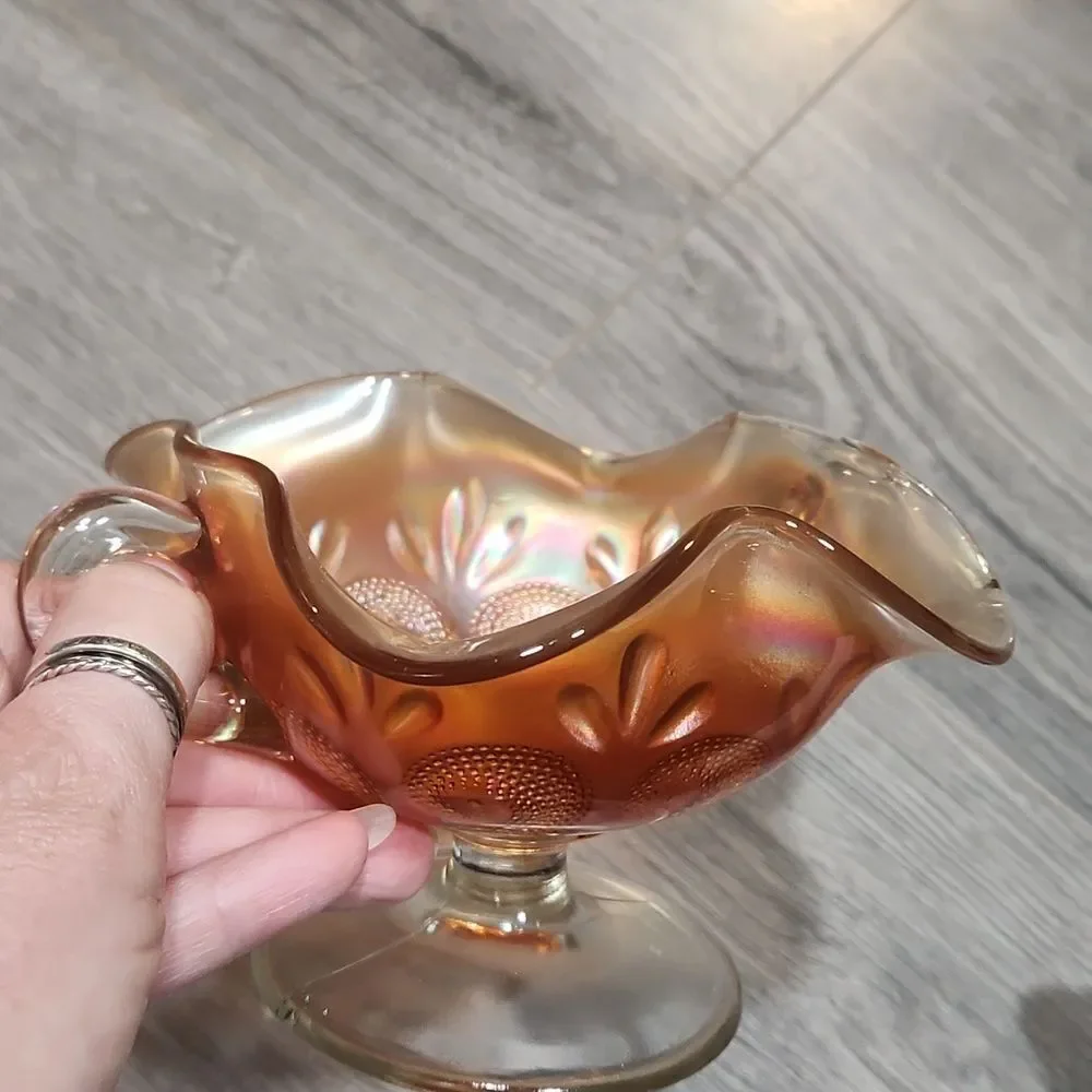 VTG Dungan Carnival Bon Bon Marigold Question Mark Handle Pedestal Dish